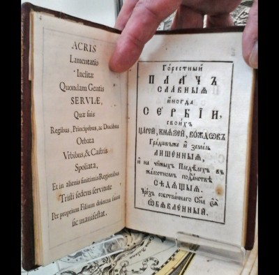 Gorestni plač, knjiga Zaharije Orfelina štampana u Veneciji 1761. Jedini poznati primerak slikali smo na sajmu antikvarnih knjiga u Milanu 12. marta 2016. Danas se nalazi u NBS.