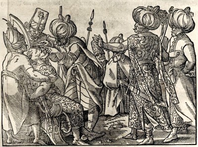 Trojica Turaka i dvojica janičara seku lice čoveku vezanom za stolicu. Ilustracija iz Turske hronike, Vasko Diaz Tanko, Frankfurt 1577. god.