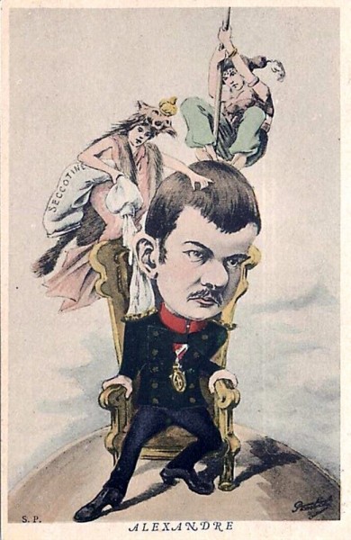 Aleksandar Obrenović, kralj srpski, na prestolu. Francuska karikatura